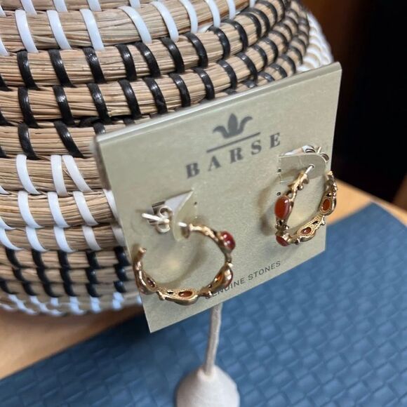 NWT Barse Genuine Stone Carnelian Ope Gold Hoop Earrings #BJER - Picture 3 of 8